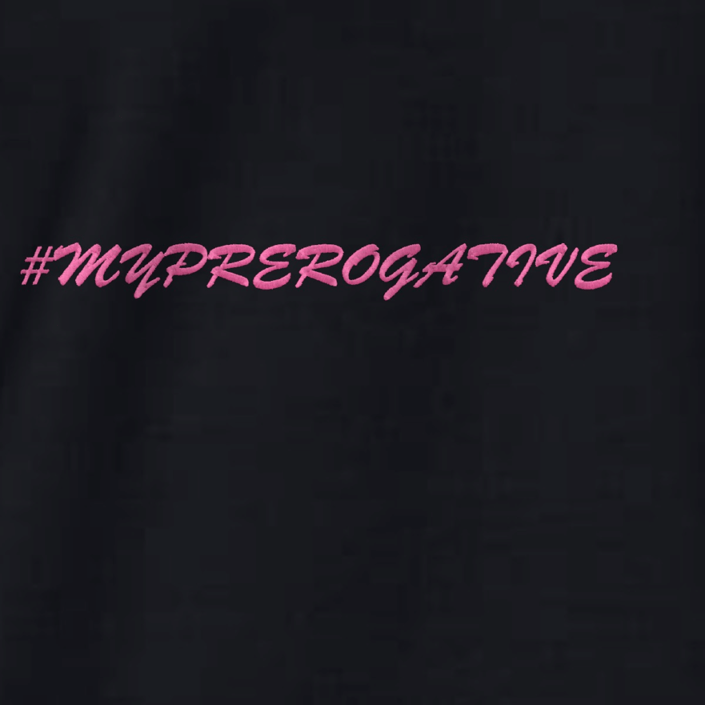 Recreation of the hot pink #MYPREROGATIVE embroidery on black fabric