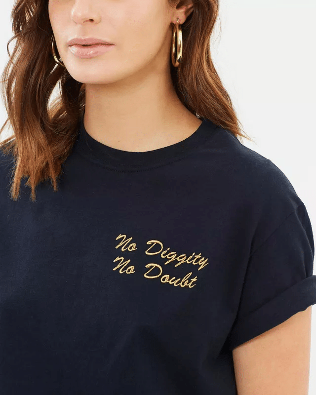 Black tee embroidered No Diggity No Doubt in gold