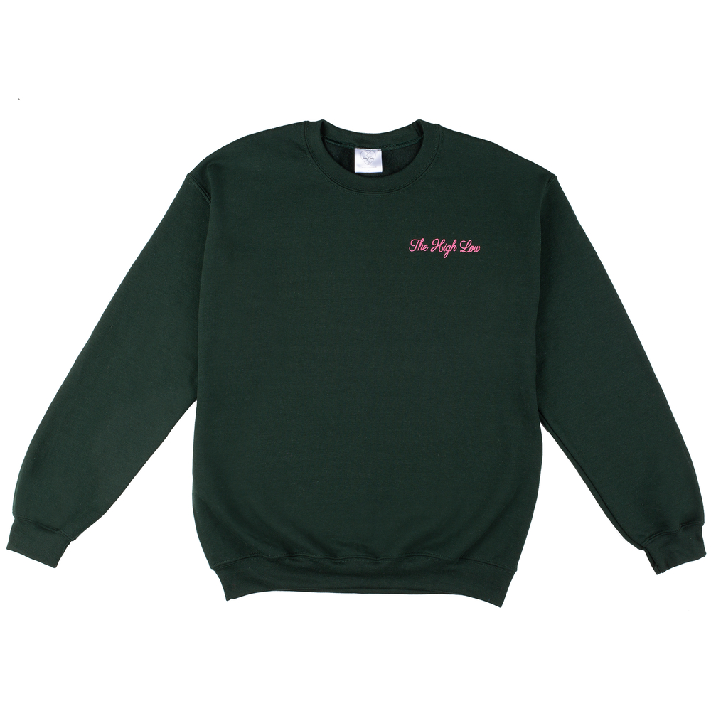 Forest green The High Low sweater with pink embroidery